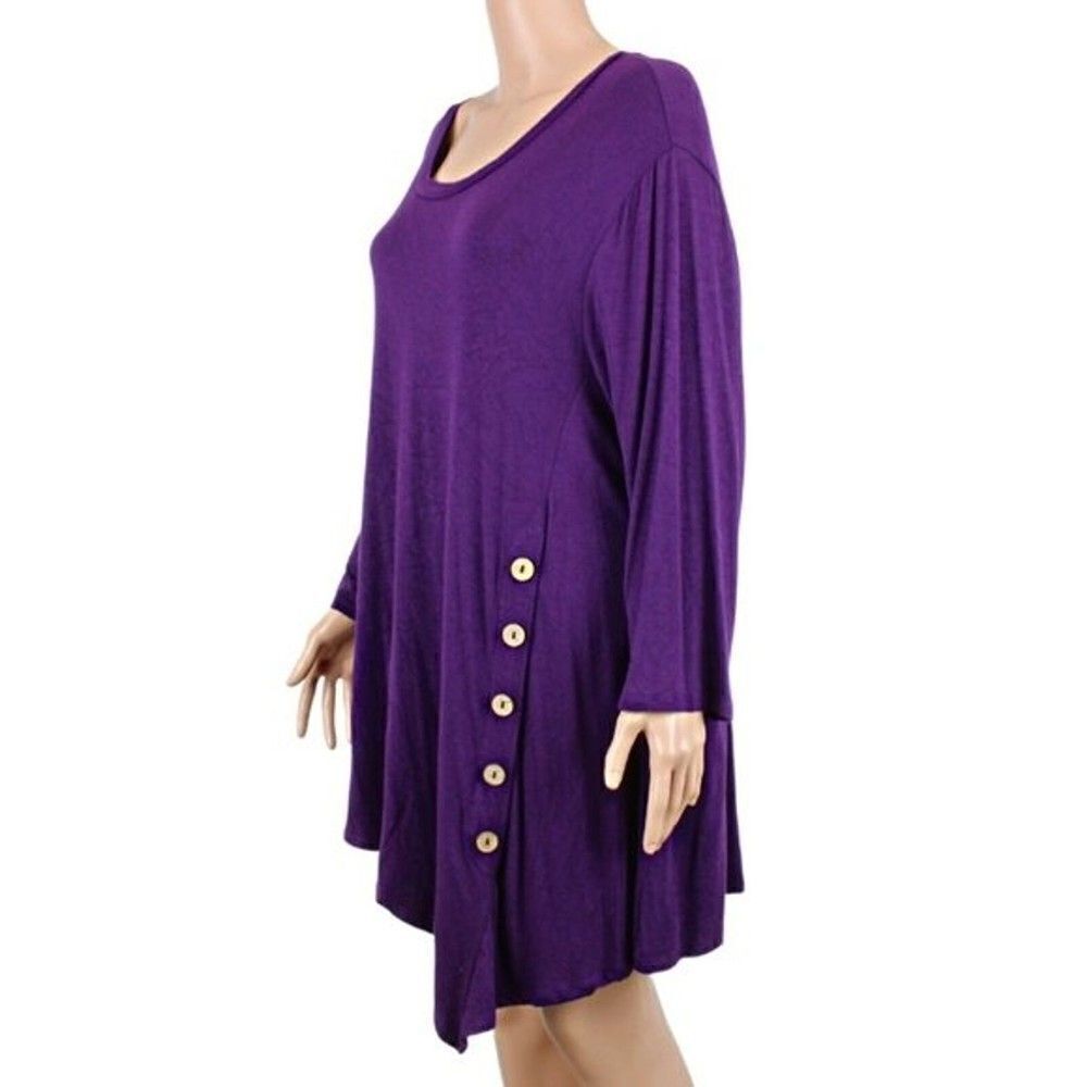 Top ¾ Sleeves Asymmetrical Hem Button Accent Scoop Neck Stretchy Purple Size 3X - Picture 4 of 6